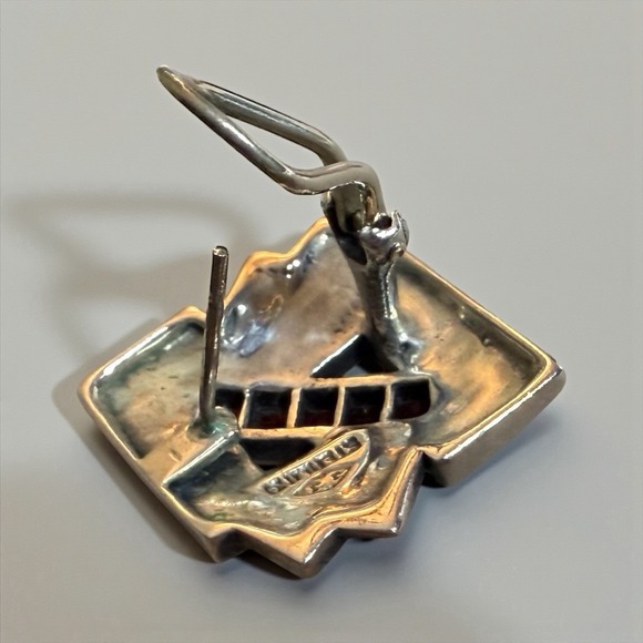 Vintage Judith Jack Sterling Silver Garnet Marcasite Geometric Pierced Earrings - Picture 4 of 5